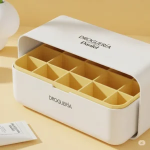 Organizador de acrílico modular en blanco y amarillo claro, ideal para cosméticos, brochas y accesorios de baño.
